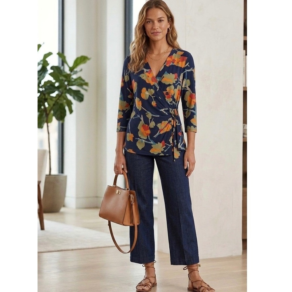 Lauren Ralph Lauren Wrap Top Women XL Blue Floral Surplice 3/4 Sleeve Buckle NWT